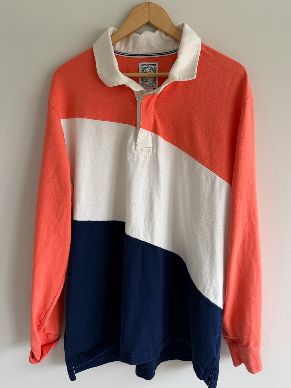 Lands End Rugby Shirt Mens XL Coral Navy White Colorblock Long Sleeve